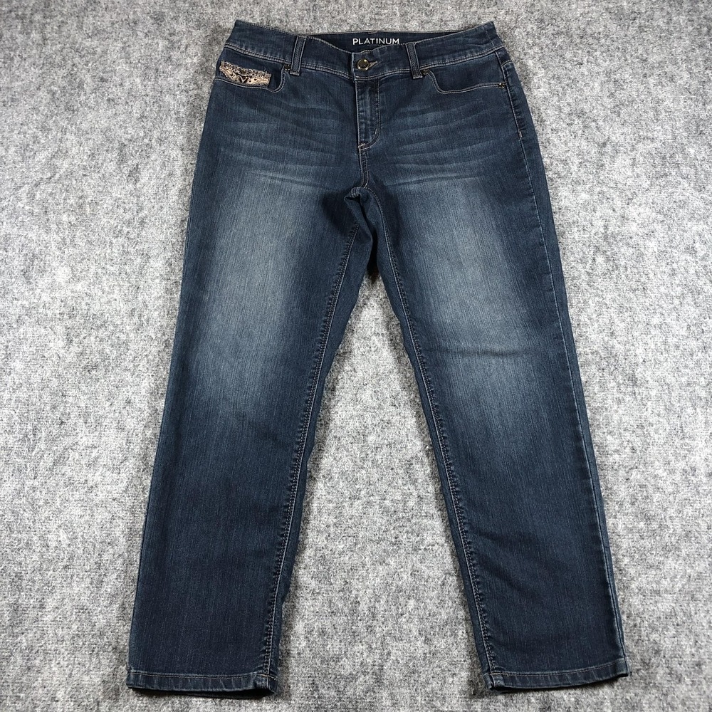 Chicos Platinum Jeans Womens 4 Blue Embellished Lace Back‎ Pocket Denim